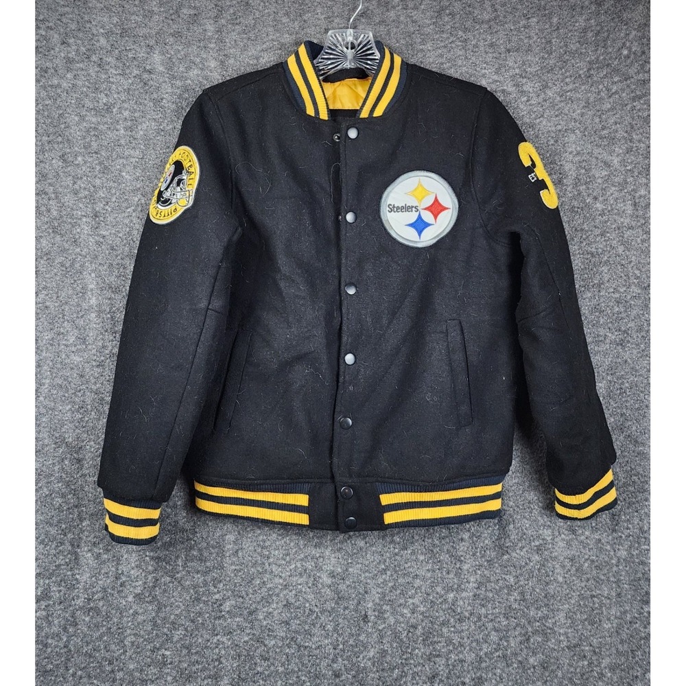 NFL Team Varsity Jacket Youth M 10-12 Black Pittsburgh Steelers Letterman Patch